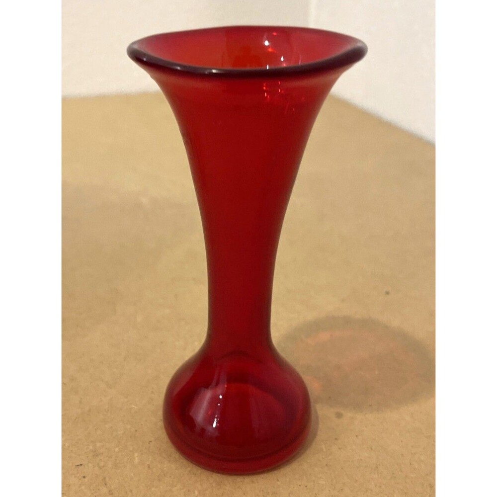 Vintage Red Hand Blown Glass Art Bud Vase Angled Top 5.5"